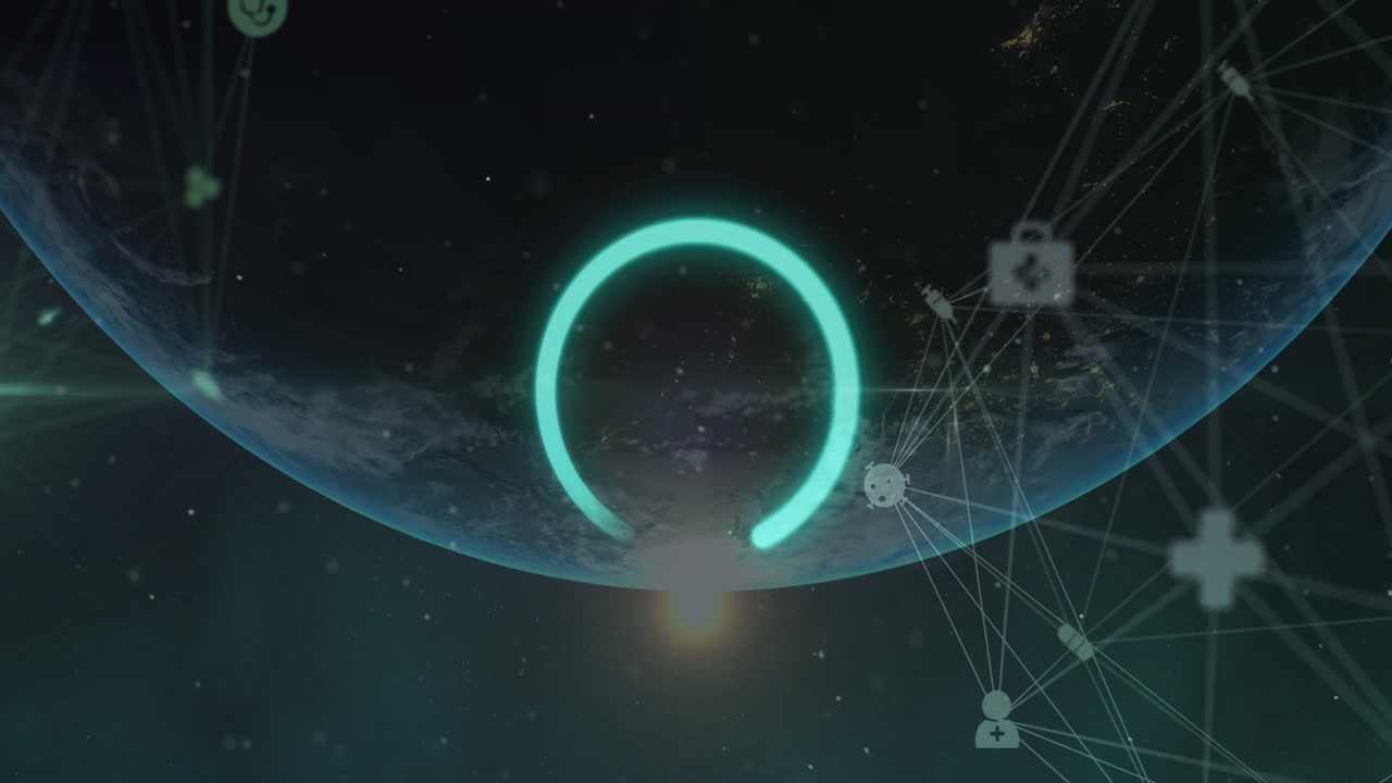 로딩 서클 아이콘과 전 세계 연결 네트워크의 애니메이션