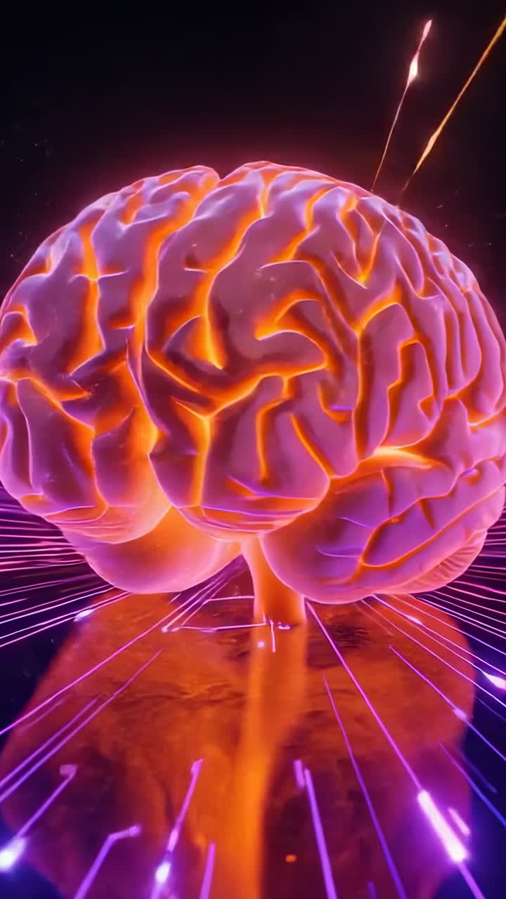 Vertical video: Cam shifting neon brain model pulsing over mirror floor in void simulating neurons