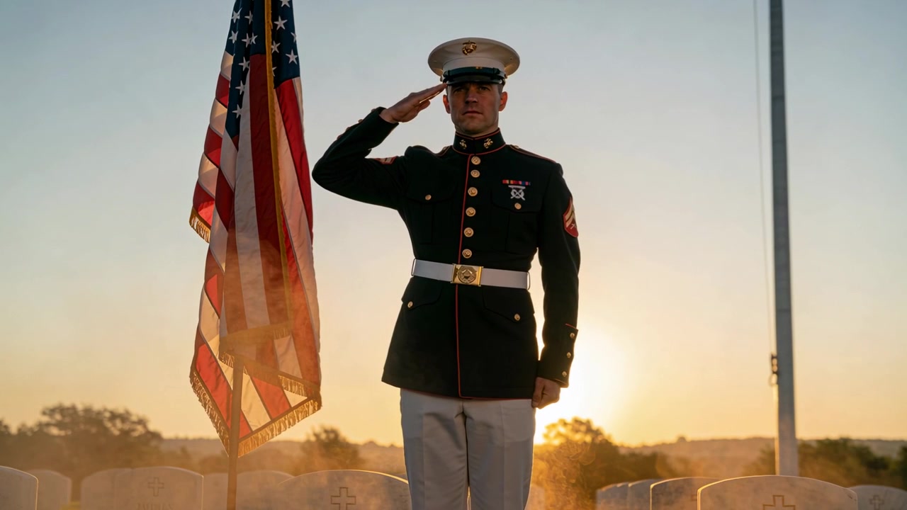 Militare in alta uniforme che saluta presso le tombe all'alba, onorando i caduti.