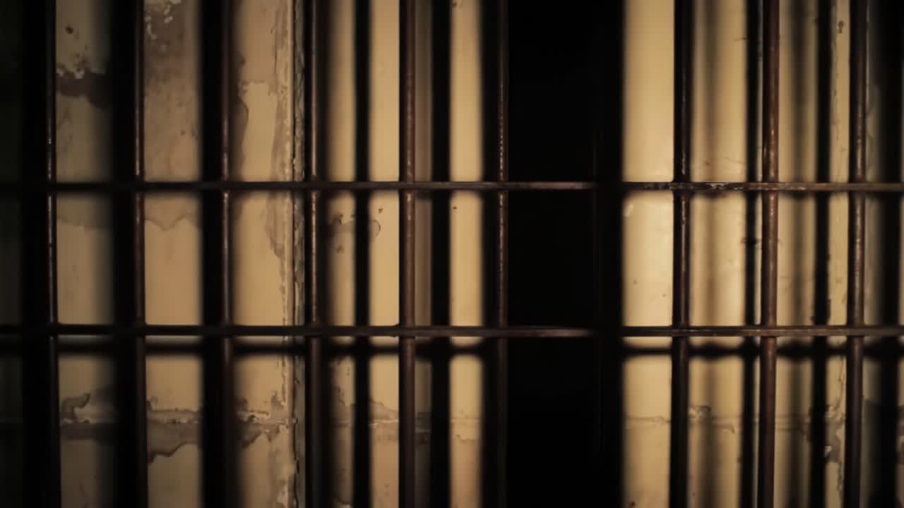 Discover the intricate shadows and textures created by old prison bars bathed in warm evening light, revealing the haunting beauty of confinement and isolation in a unique structure.
