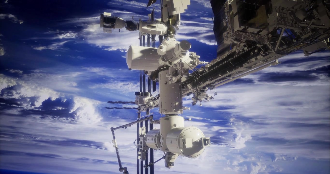Vista della Stazione Spaziale Internazionale sull'atmosfera terrestre al tramonto