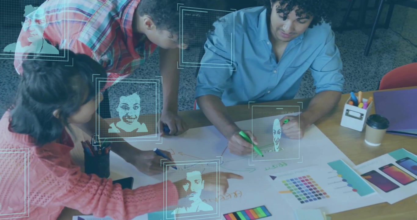 Animation of data processing with portraits over diverse colleagues having meeting in office