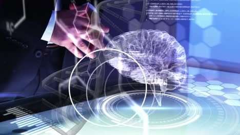 Animation-of-circles-and-brain-over-caucasian-businessman-touching-digital-interface