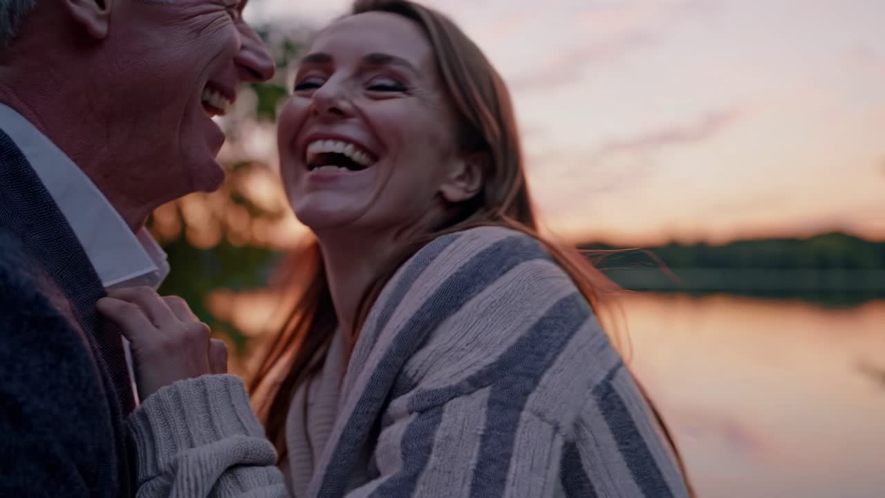 Göl kenarında bir bankta oturan bir çiftin yandan çekilmiş romantik gün batımı videosu sahnesi.