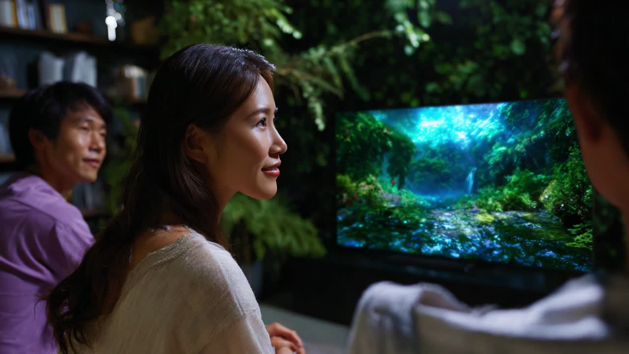 Engaging Scene of Friends Watching Nature Documentary on TV, Captivated by Vivid Visuals of a Lush Green Landscape with Majestic Waterfalls, Promoting Relaxation and Connection in a Cozy Living Room Setting