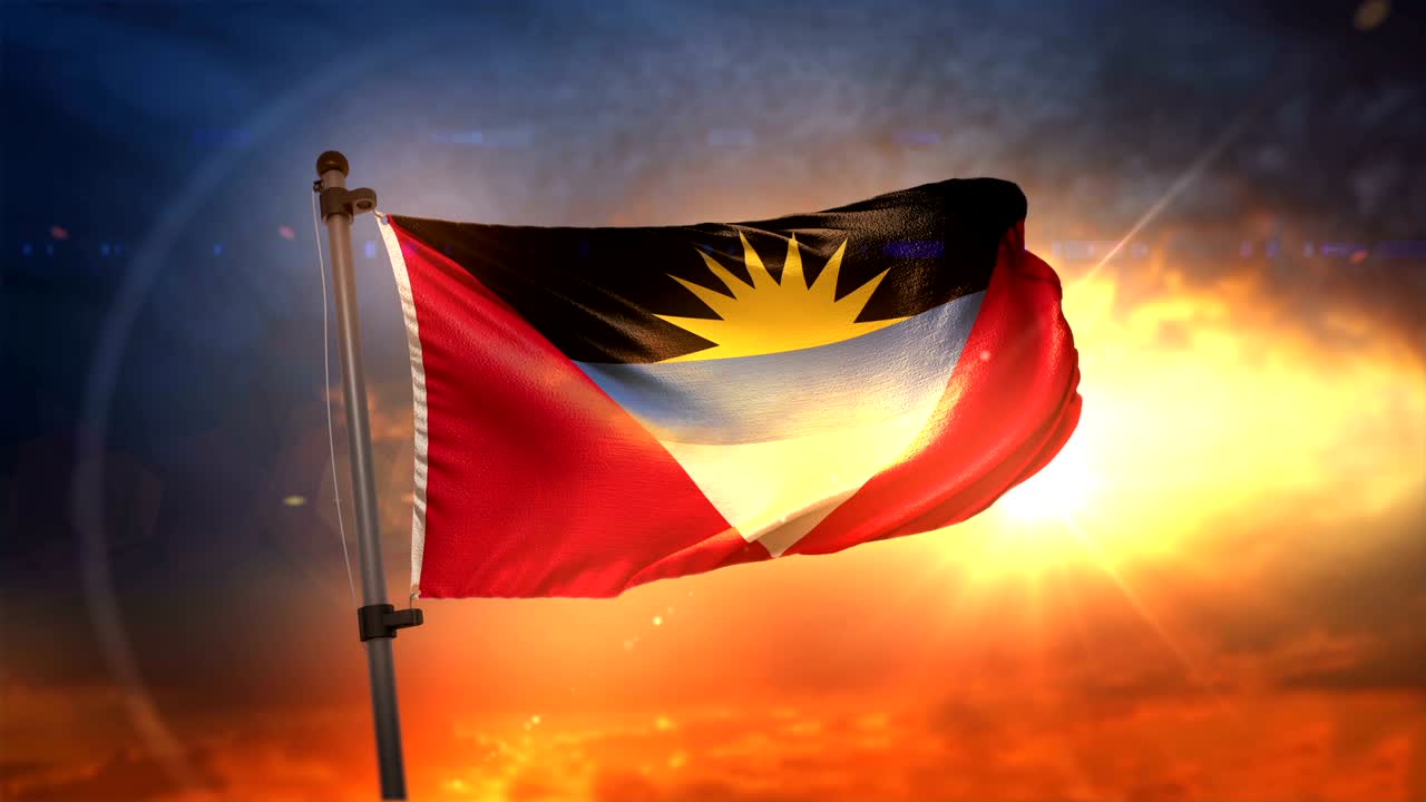 안티구아와 바르부다의 발이 뒷빛으로 아름다운 해가 뜨는 순환으로 느린 동작 4k