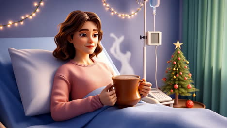 Cartoon woman in hospital bed holding a cup with Christmas decorations