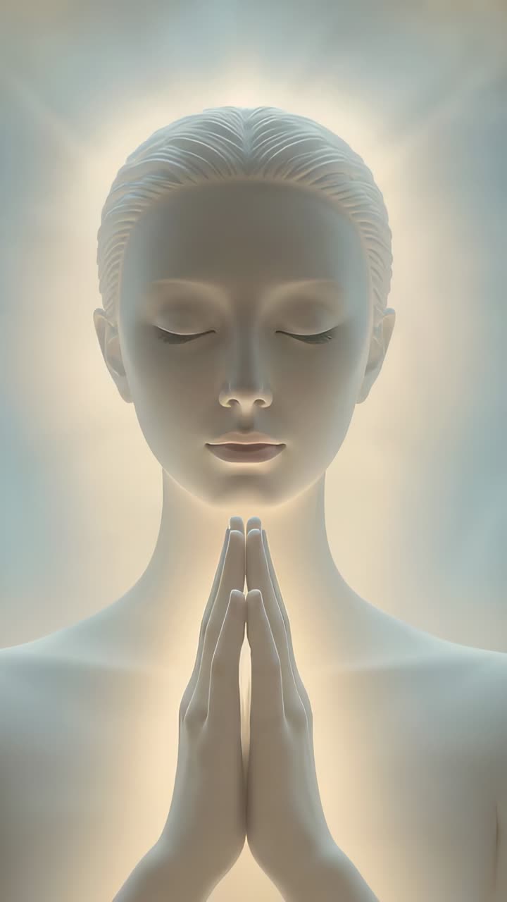 Vertical video: Holding CGI figure with joined hands in studio as camera tightening and halo rising