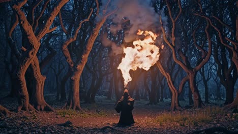 fire breathing wizard in a dark forest