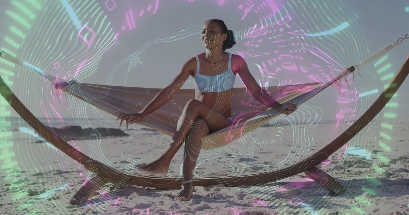 Woman sitting hammock, shifting legs causing rocking while waveform pulsing over scene for travel