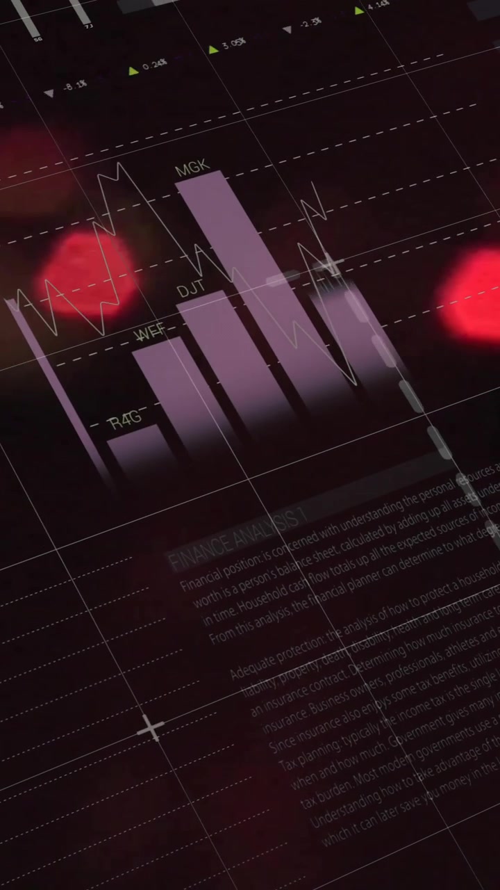 Pie charts and financial graphs animation over blurred red lights background