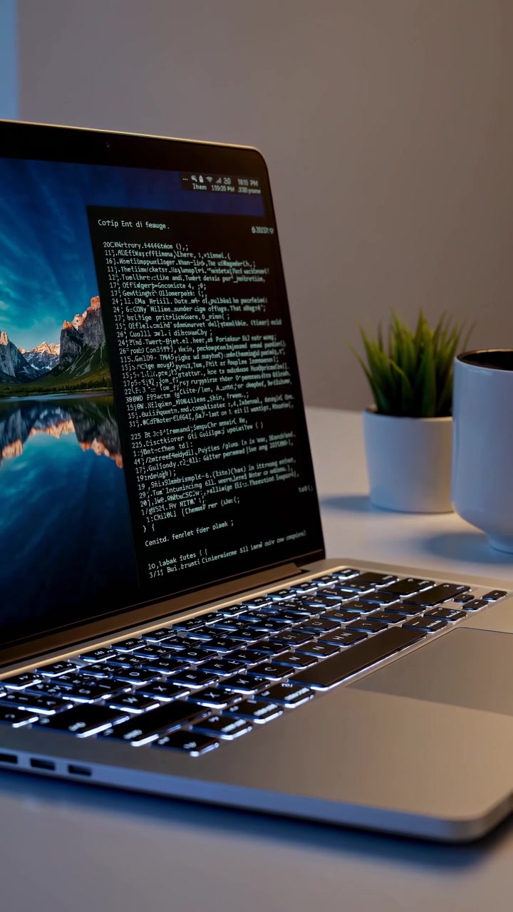 Laptop Displaying Programming Code Over Mountain Landscape Background