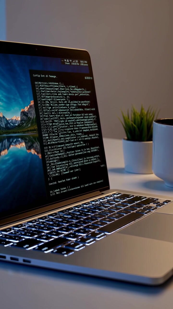 Laptop Displaying Programming Code Over Mountain Landscape Background