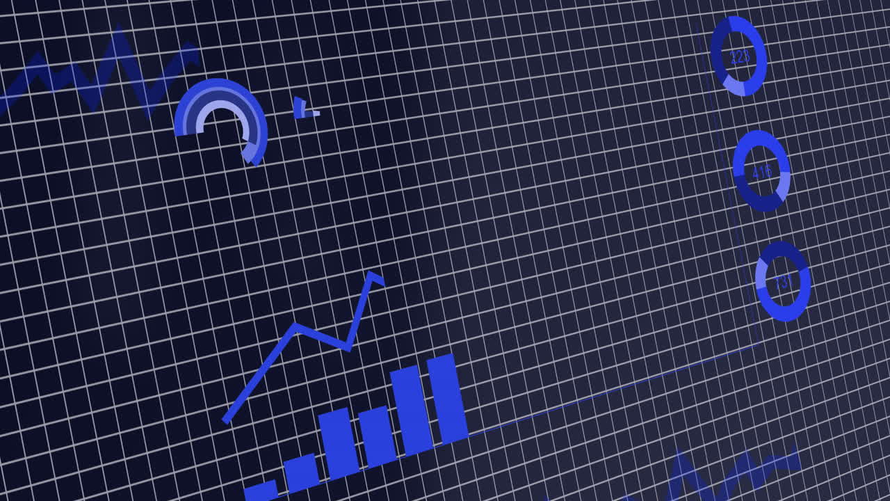 animación de múltiples gráficos, círculos de carga y patrón de cuadrícula sobre fondo negro