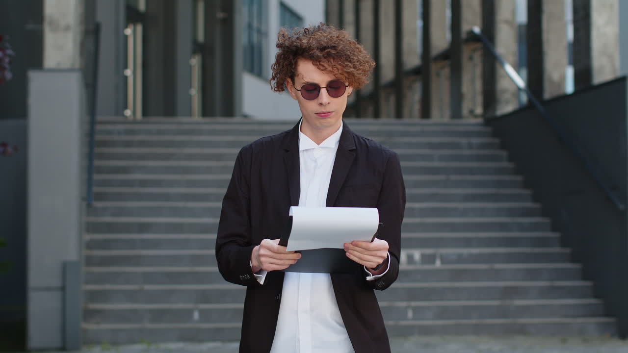Happy businessman work with documents reading information business papers prepare financial report