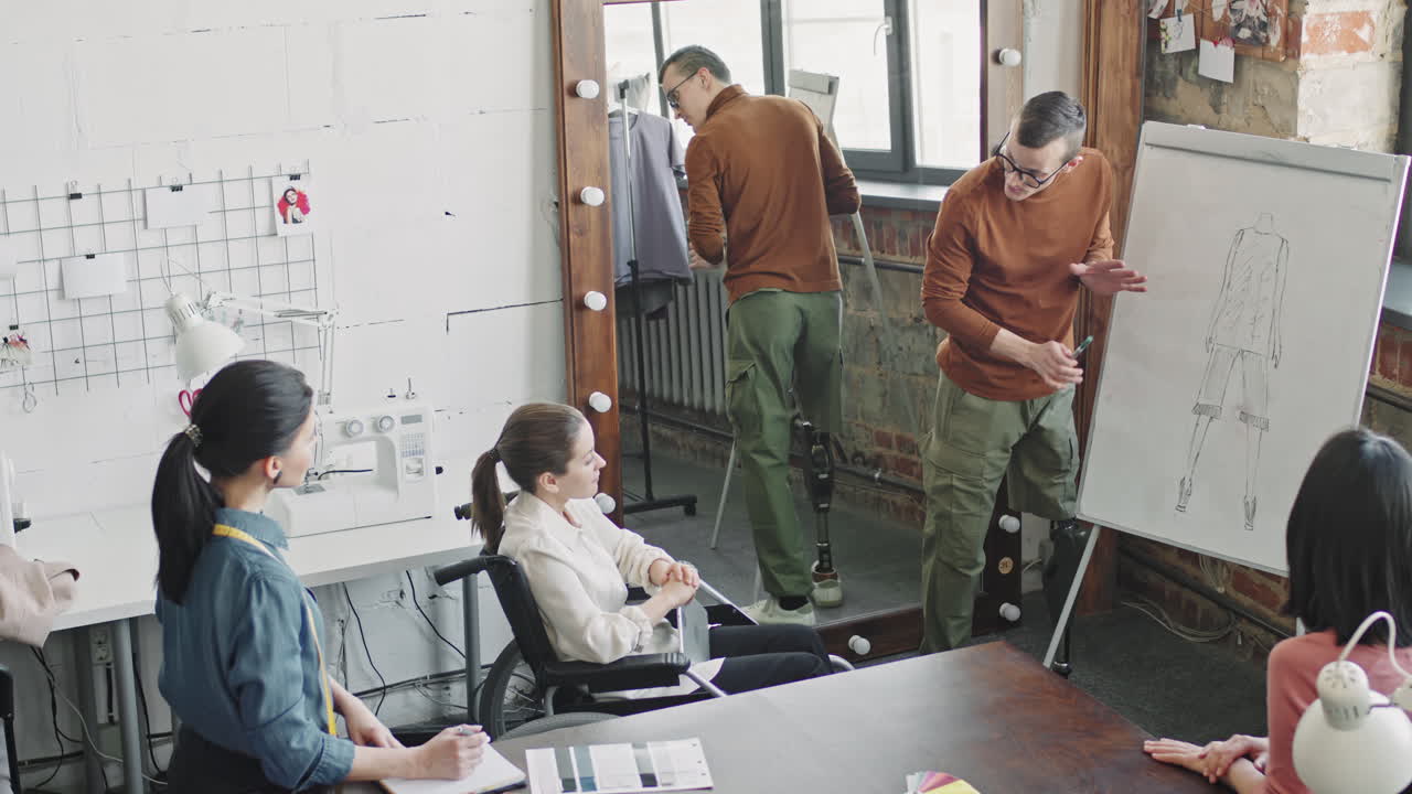 Male Fashion Designer with Prosthetic Leg Conducting Meeting
