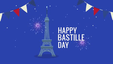 feliz día de la bastilla con letras de la torre eiffel y guirnaldas