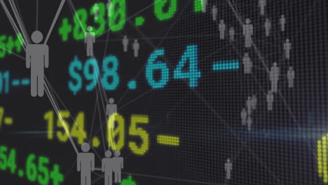 stock market data and figures animation over silhouettes of people networking