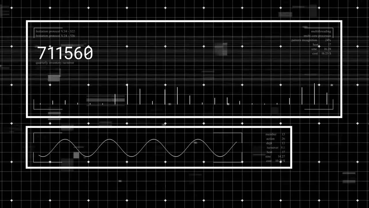 Animation of data processing and interference on black background