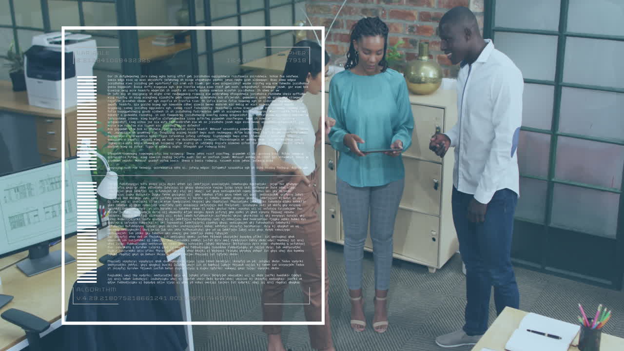 animación de la interfaz con el procesamiento de datos contra diversos colegios discutiendo juntos en la oficina.