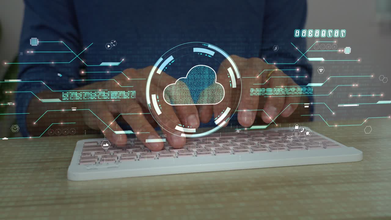 un hombre conectándose a la tecnología de computación en la nube holograma. fondo digital de negocios.