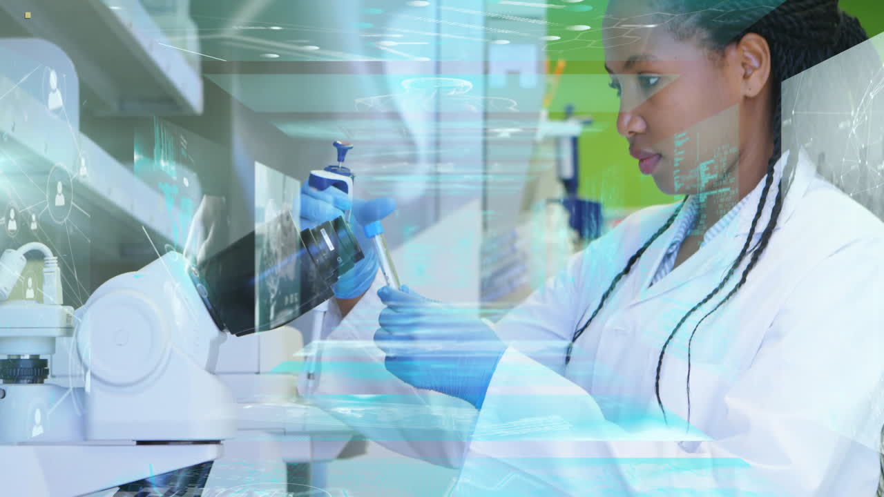 Scientist working with test tube, digital data processing animation overlay