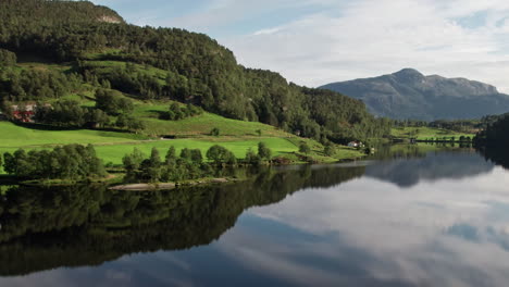 Aerial-shot,-panning-across-the-shoreline-of-a-lake-in-Norway