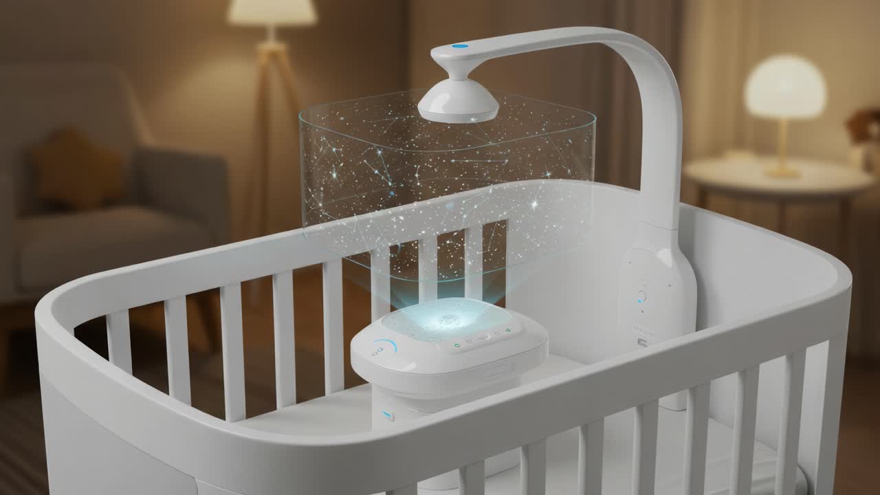 Dispositivo innovativo di assistenza al sonno per neonati: una culla futuristica che proietta rilassanti motivi stellati per favorire il sonno e il comfort dei bambini