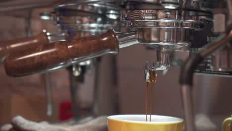 Espresso-Dripping-From-Coffee-Machine-Through-Portafilter-Into-Cup