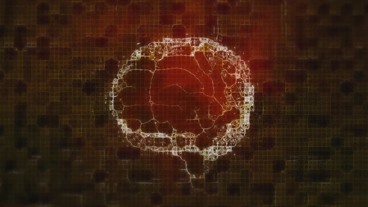 animación de puntos de conexiones y cerebro sobre ondas rojas