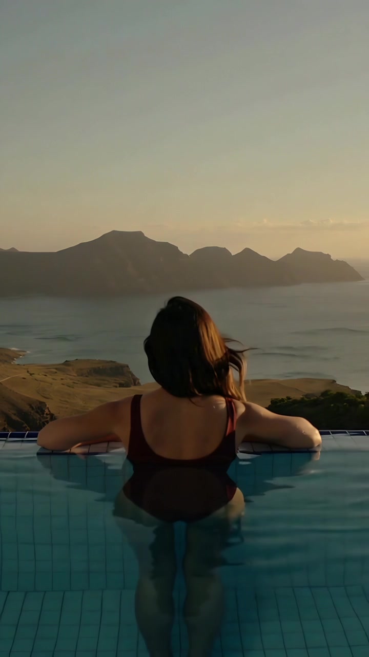 Vertikales Video: Frau im bordeauxroten Badeanzug blickt im Infinity-Pool aufs Meer, Brise hebt ihr Haar.