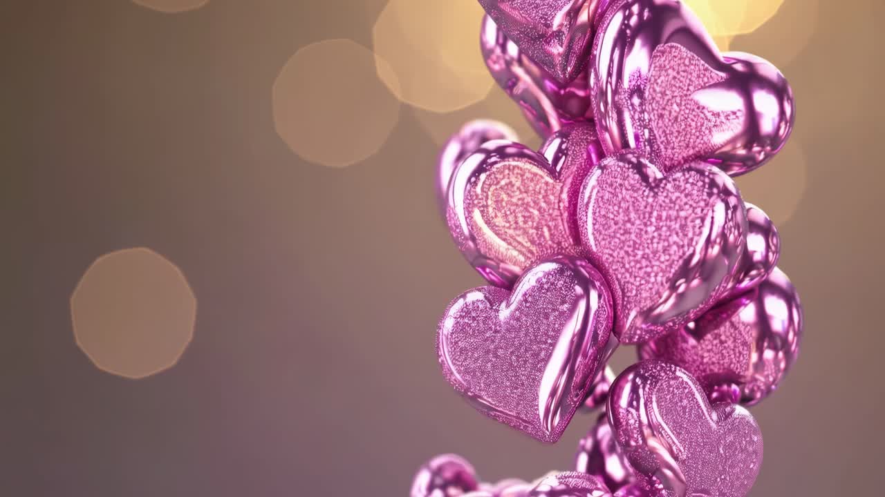 Shiny pink metallic hearts are gently cascading down against a blurred background, creating a romantic and dreamy atmosphere, perfect for Valentine's Day or any loving occasion