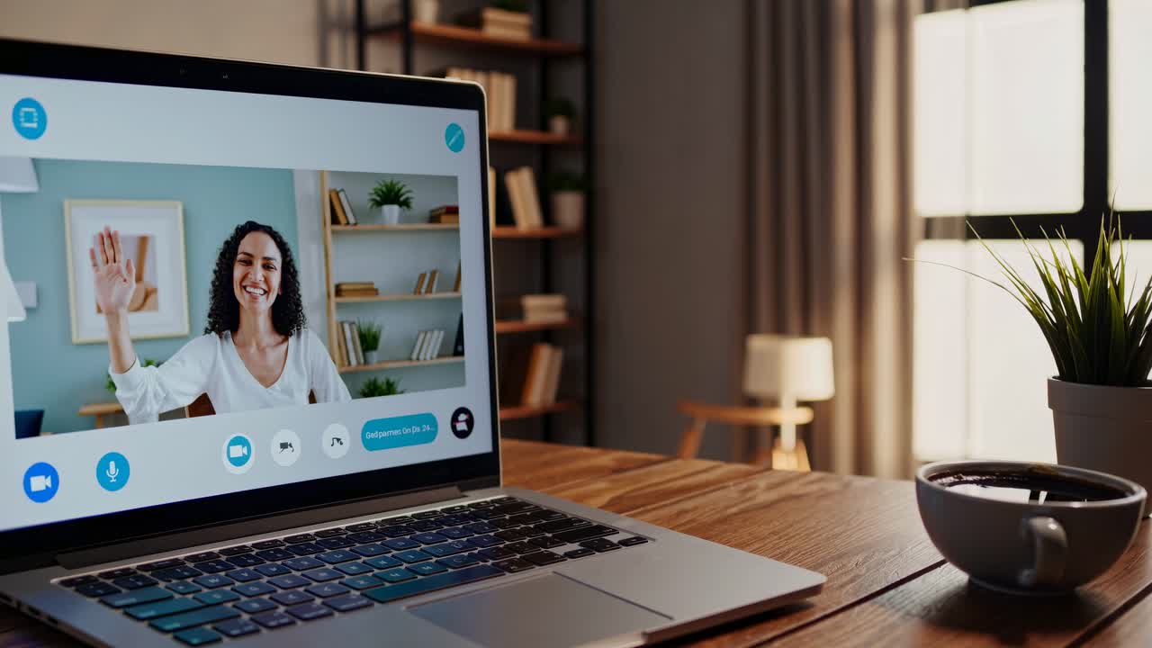 Viihtyisä kotitoimisto, jossa kannettava tietokone näyttää videopuhelua. Otettu sivukulmasta, joka vangitsee lämpimän
