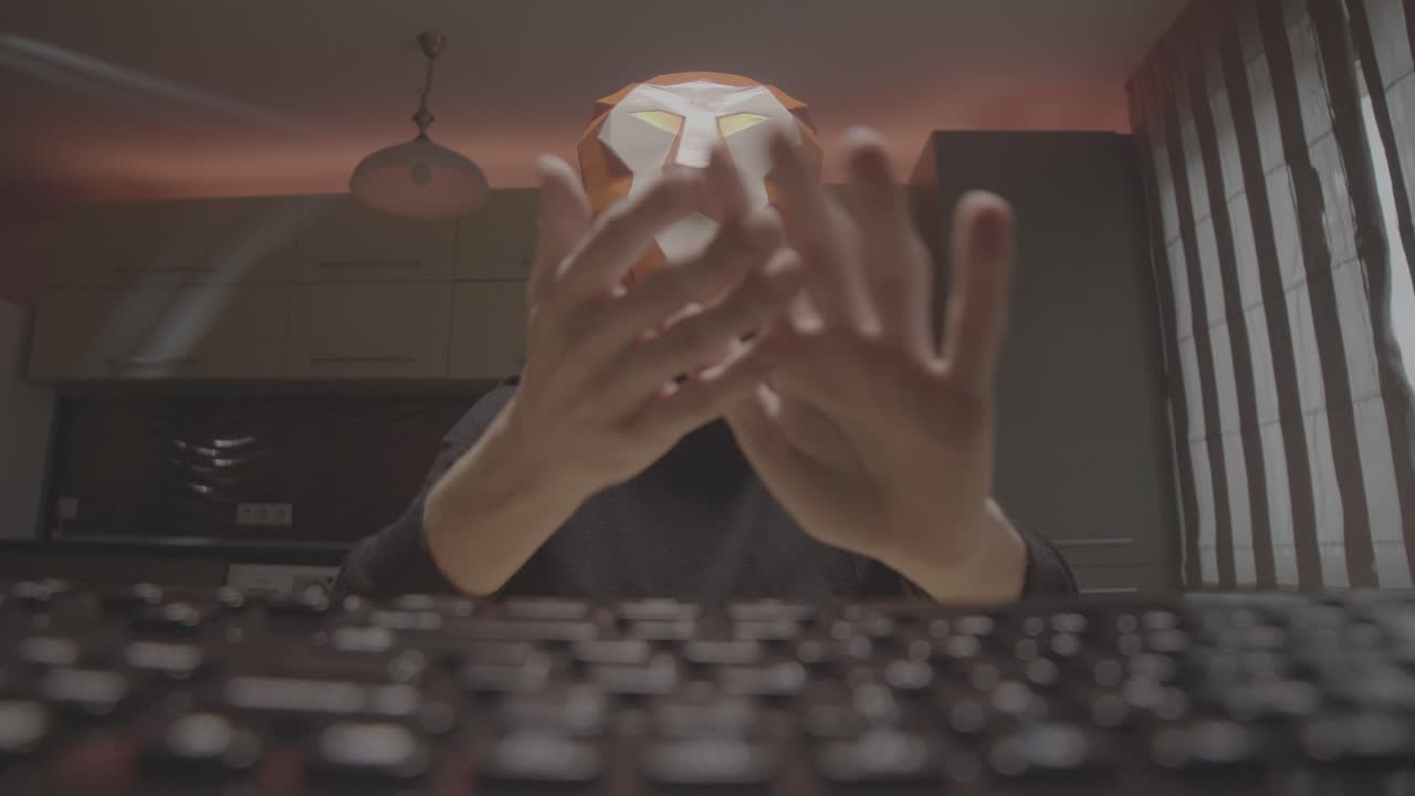 Lion head mascot human typing super fast on a keyboard while surfing the internet