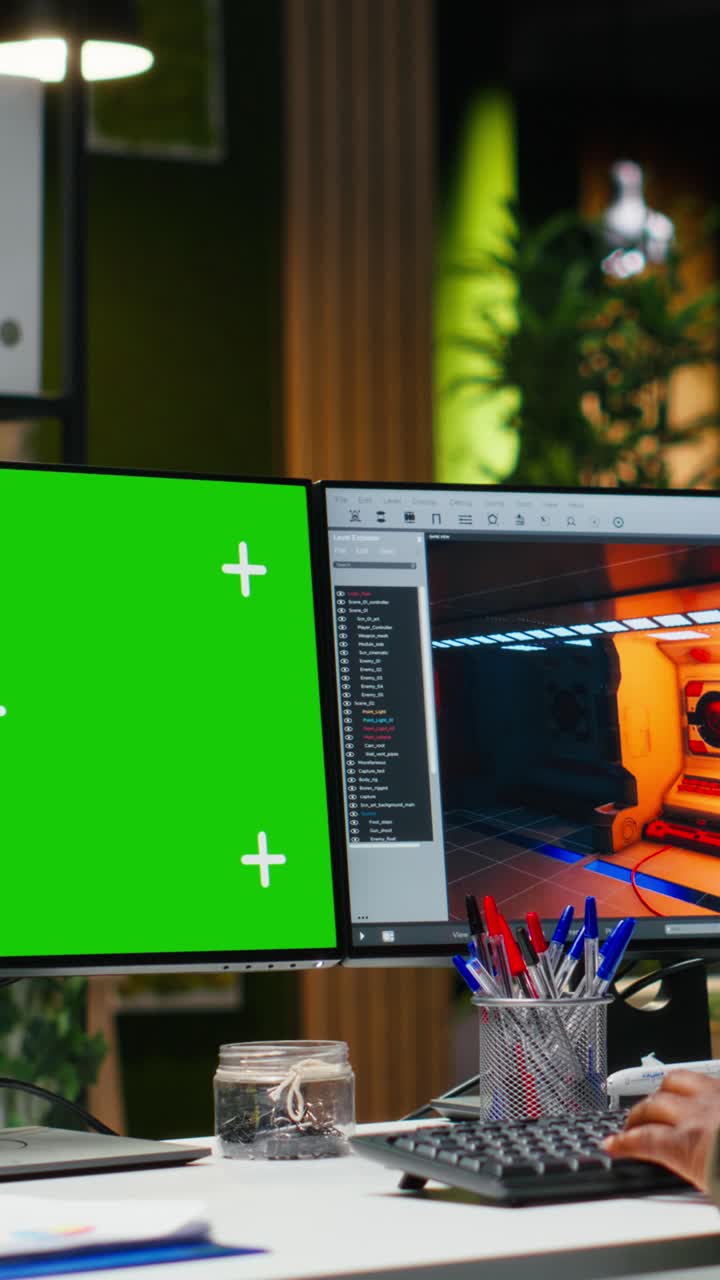 Vertical Video Green screen next to african american woman working on game developing