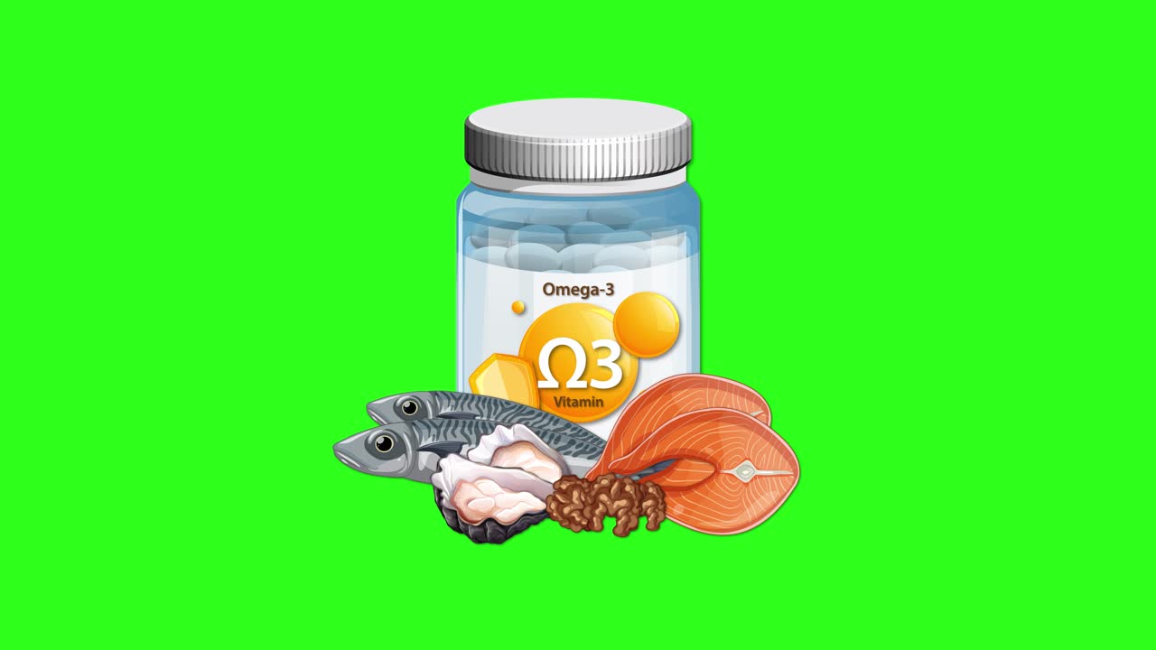 Omega-3 supplement bottle animates with fish, oyster, and shrimp on vibrant green background