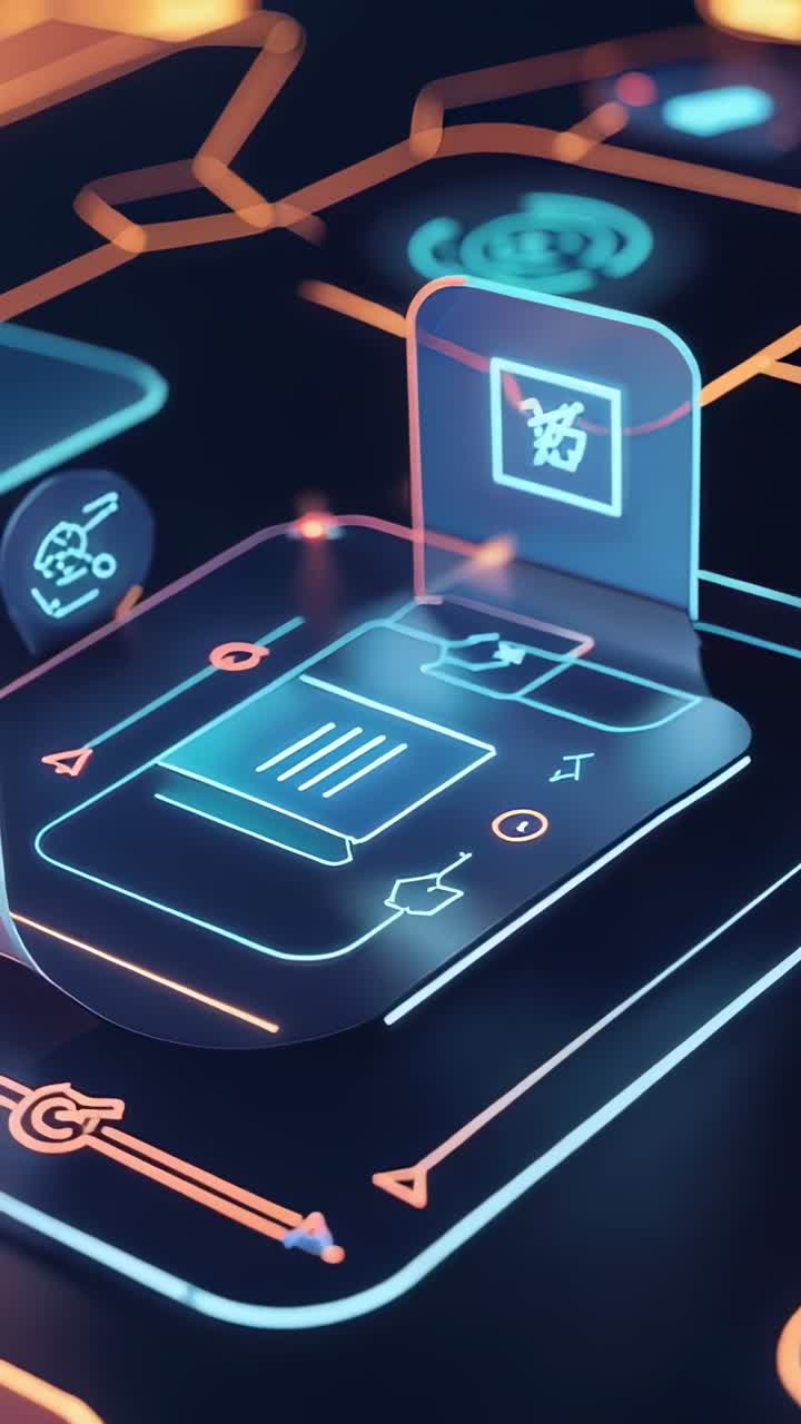 Vertical video: Initializing grid UI panel flipping tab revealing crossed-out icon, linking nodes
