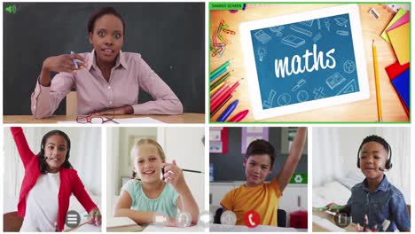 Animation-of-six-screens-of-diverse-children,-teacher-and-maths-text-during-online-school-lesson