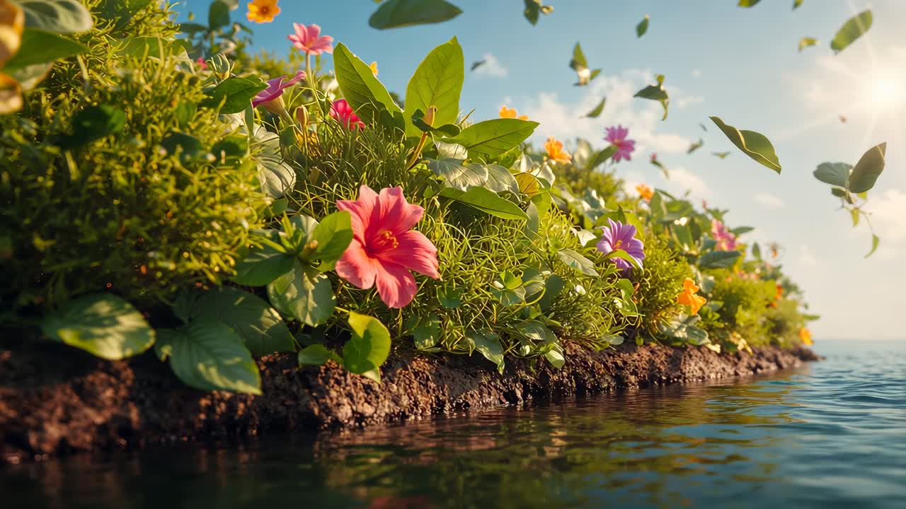 Flowerbed shedding leaves and petals as gentle breeze lifting near water edge, pink bloom swaying