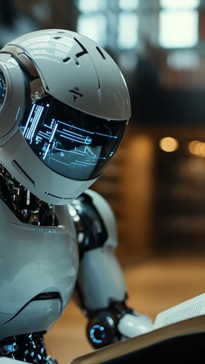 Robot studying in modern library setting. A robot sits in a contemporary library, intently reading a book amidst tall shelves filled with literature.