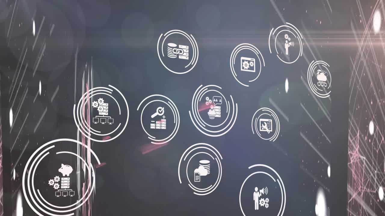 Animation of interface with business and data sharing icons over global network and data processing