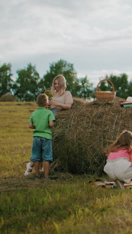 familia multigeneracional preparando un picnic en un campo rural pintoresco mientras la madre y la hija extienden una manta a cuadros, el niño está cerca de la bala de heno, la mujer sostiene la canasta, el perro explora el área de hierba