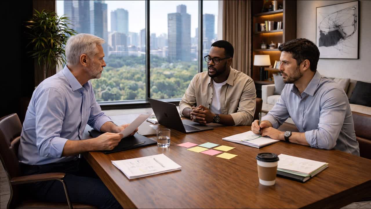 Dirigeants discutant stratégie autour d'une table avec ordinateur portable et notes au bureau