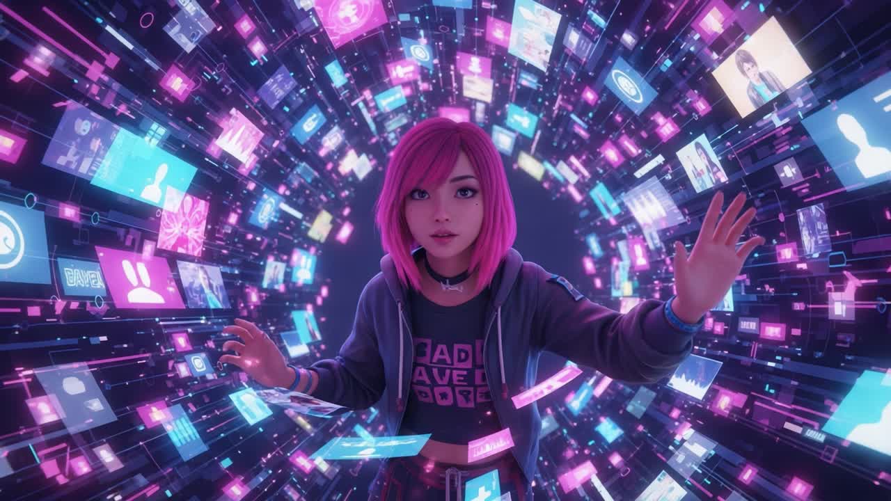 A digital avatar showcases technology and connectivity, surrounded by vibrant holographic interfaces, representing the fusion of virtual reality and social media in a futuristic landscape