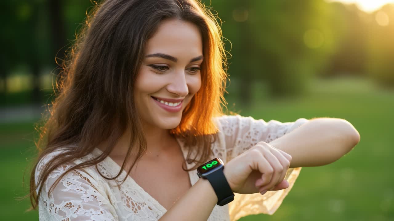 A Joyful Interaction with a Smartwatch: Capturing the Excitement of a Woman Engaged with Her Wearable Technology in a Lush Outdoor Setting