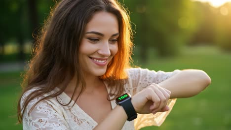 a joyful interaction with a smartwatch: capturing the excitement of a woman engaged with her wearable technology in a lush outdoor setting