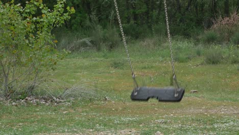 Eine-Leere-Schaukel,-Die-In-Einem-Park-In-Der-Nähe-Eines-Waldes-Schwingt