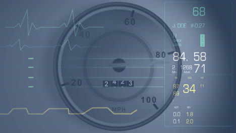 Medical data and heart rate monitoring animation over speedometer background