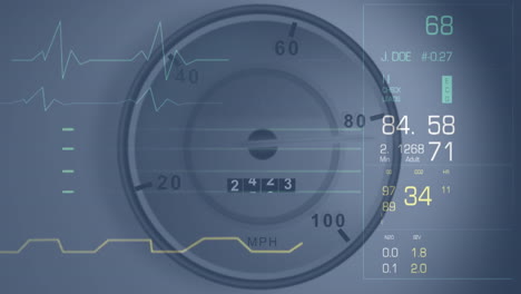 medical data and heart rate monitoring animation over speedometer background