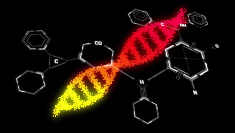 dna strand and chemical structures, scientific data processing animation